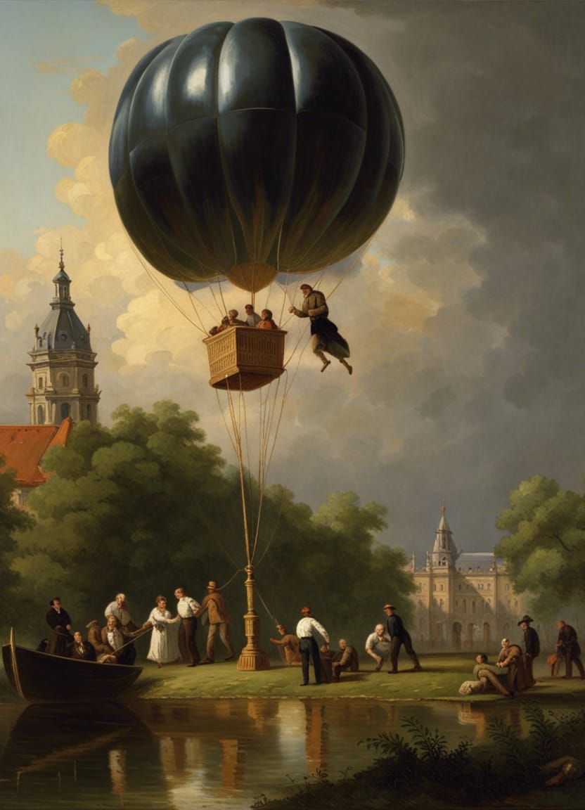 Balloon Aircraft in Budapest Park: Oil Painting