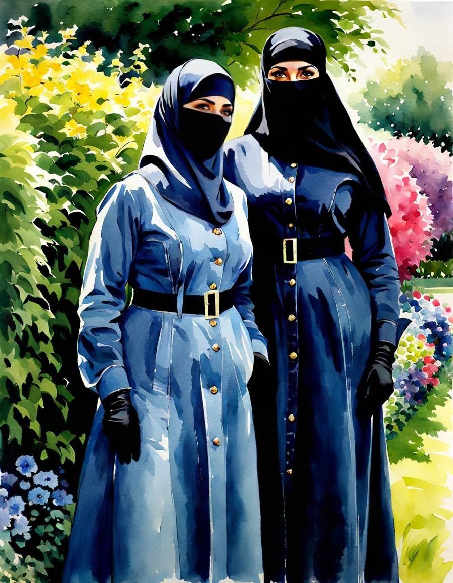 Watercolor Portrait of Niqabi Teachers in Garden
