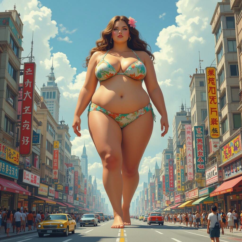 Giant Woman in Cityscape, Fantastical Art Style