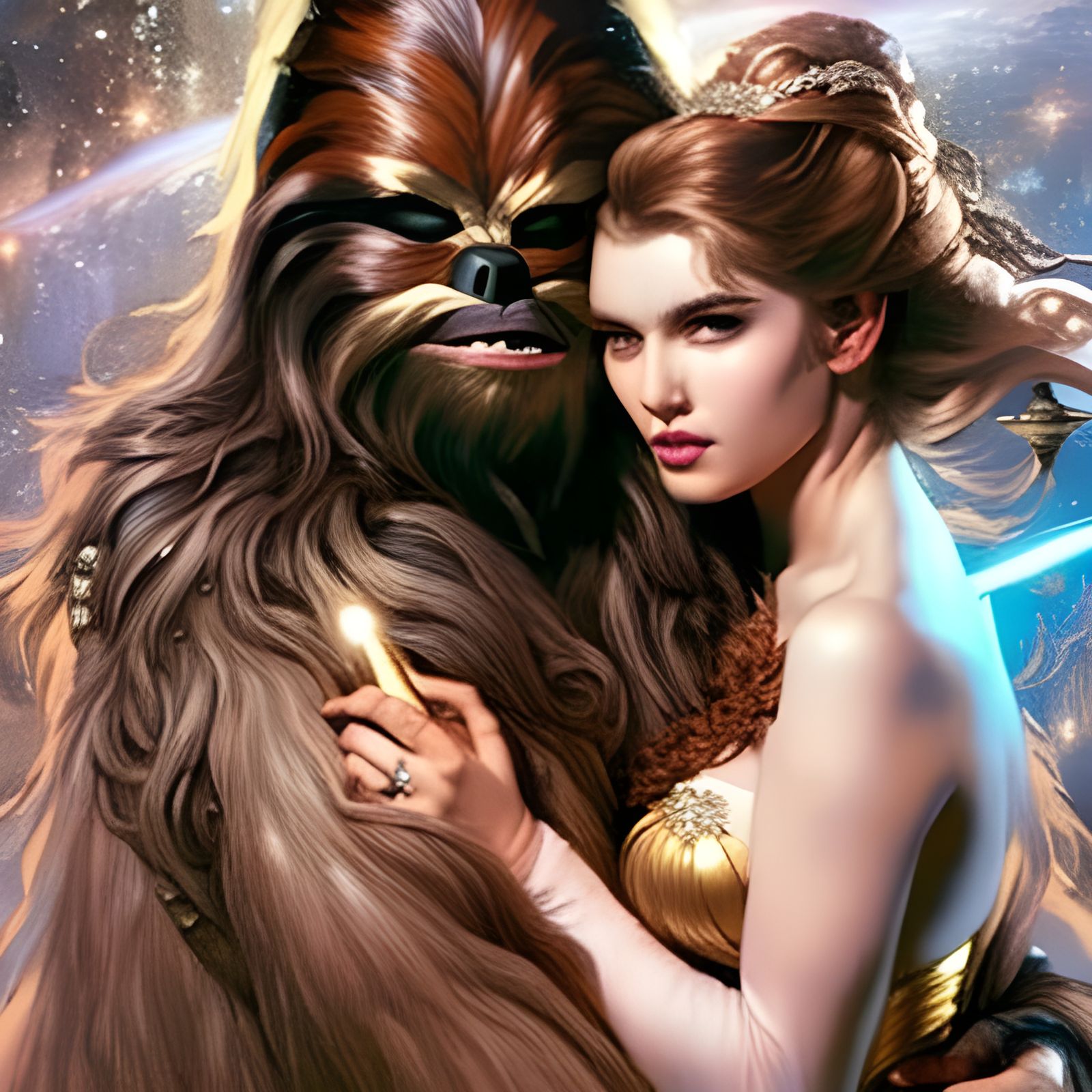 Chewbacca and Belle: Rococo Sci-Fi Hug in Space