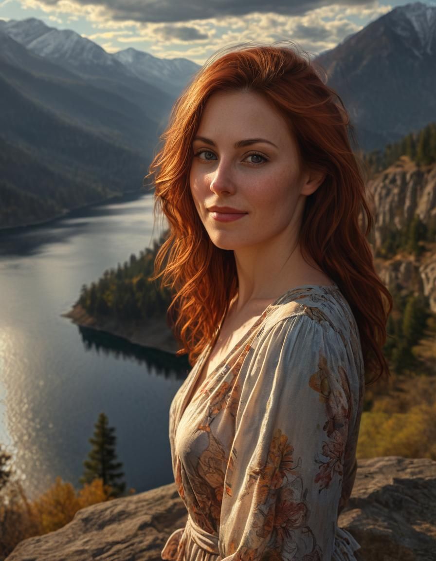 Auburn Woman on Cliff in Chiaroscuro Oil Painting