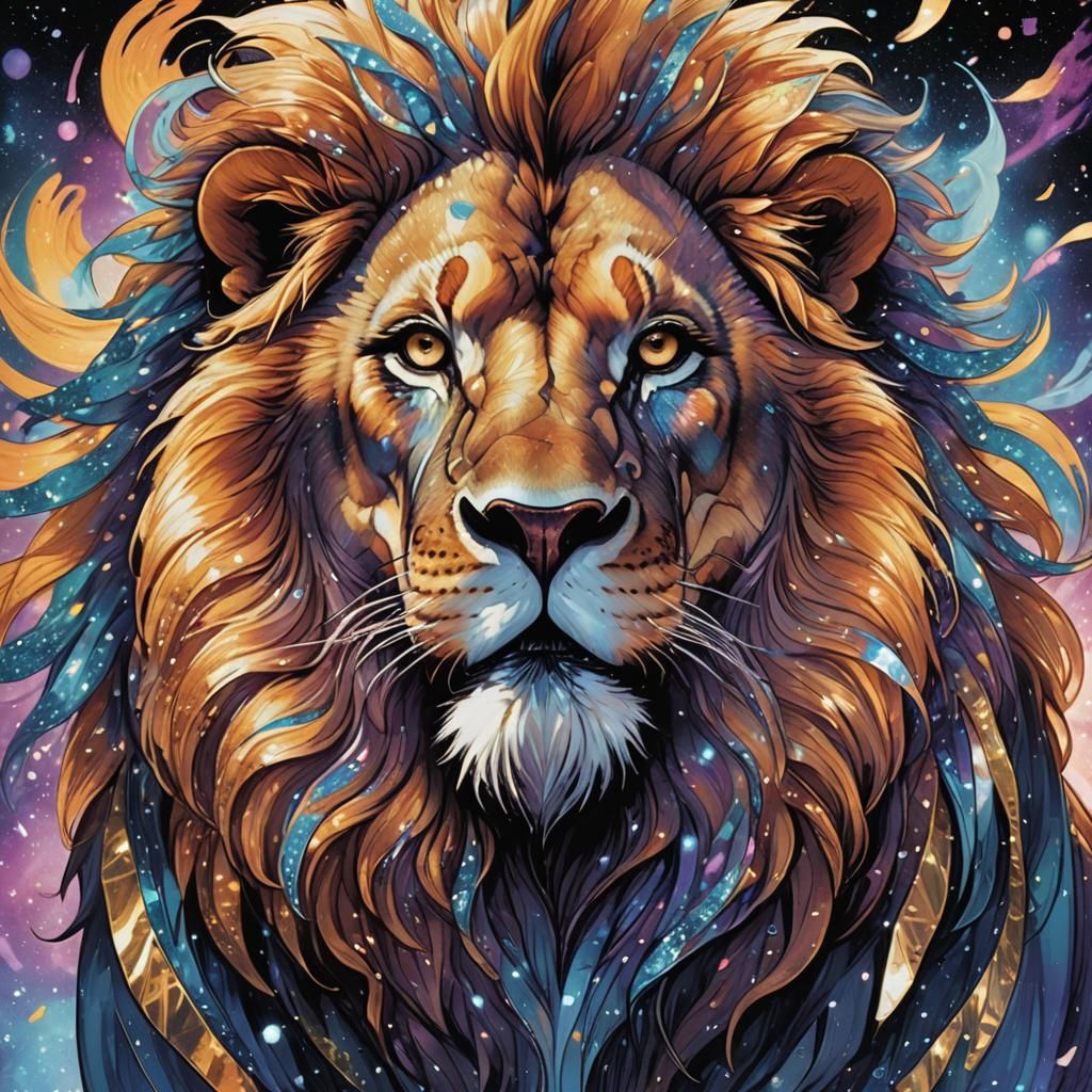 Opalescent Lion Portrait in Comic Book Style