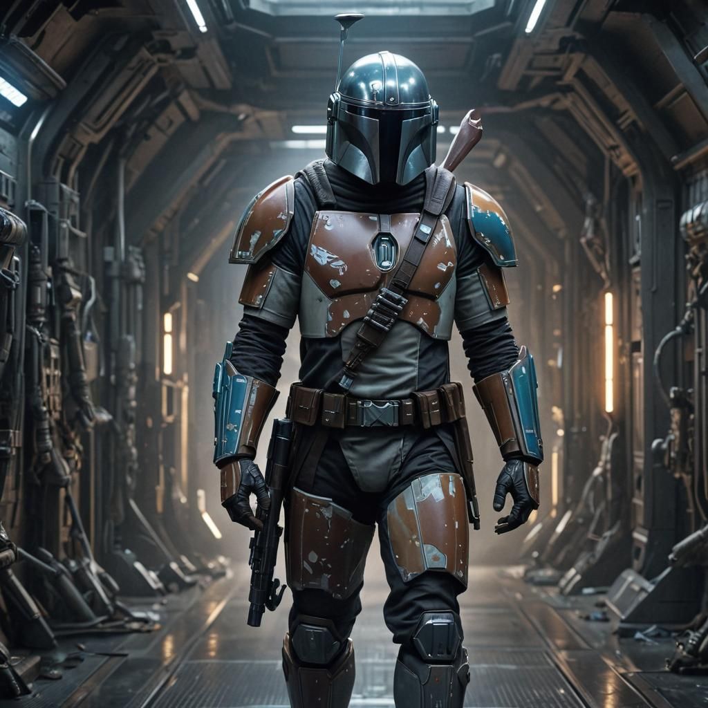 Mandalorian in Spaceship Hallway as Comic Book Art