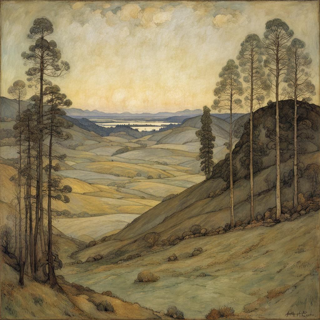 Landscape in Styles of Rackham, Friedrich, Klimt, Klee