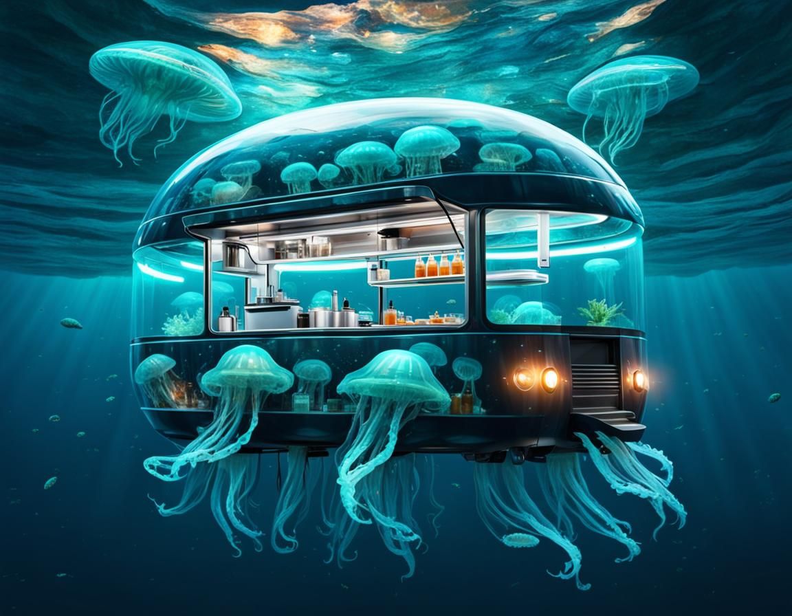 Futuristic Food Truck Inside a Jellyfish