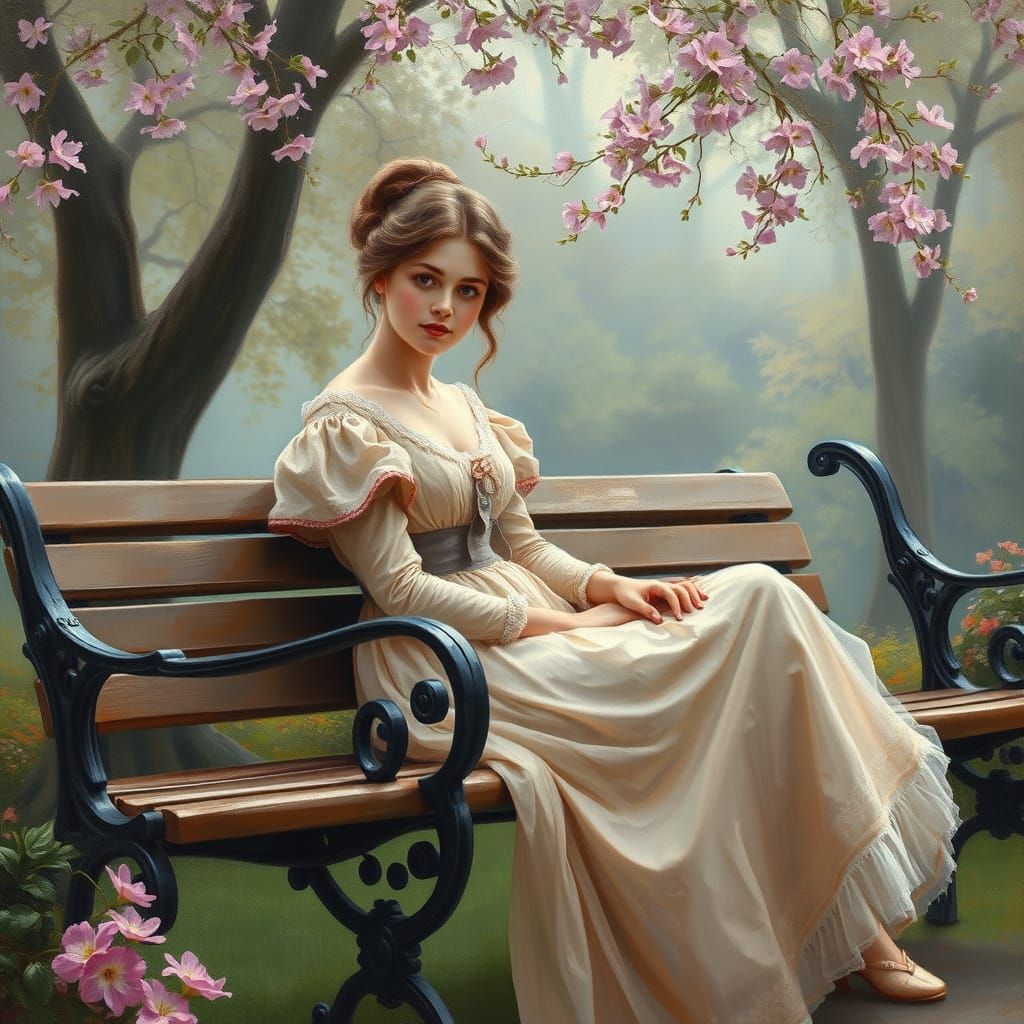 Ethereal 19th Century Woman in Whimsical Park Setting, Oil P...