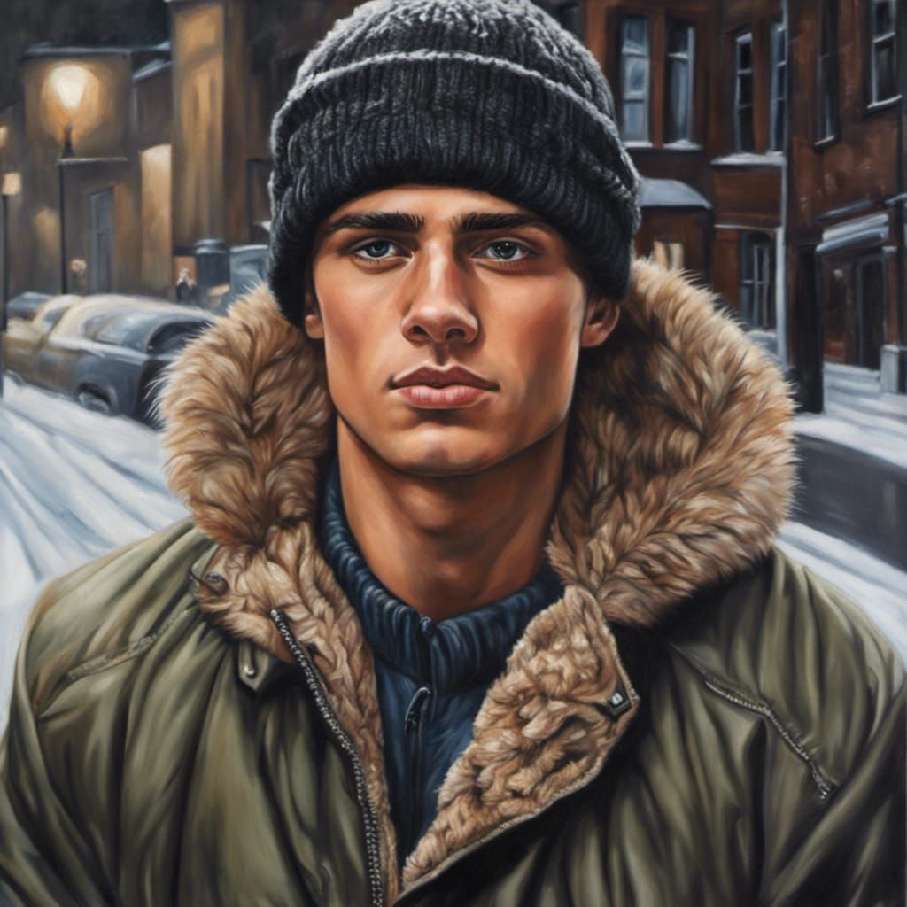 Hyperrealistic Portrait of a Young Man in Winter
