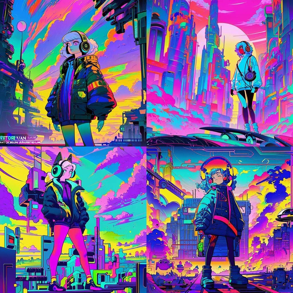 Cyberpunk Woman with Headphones, Digital Art