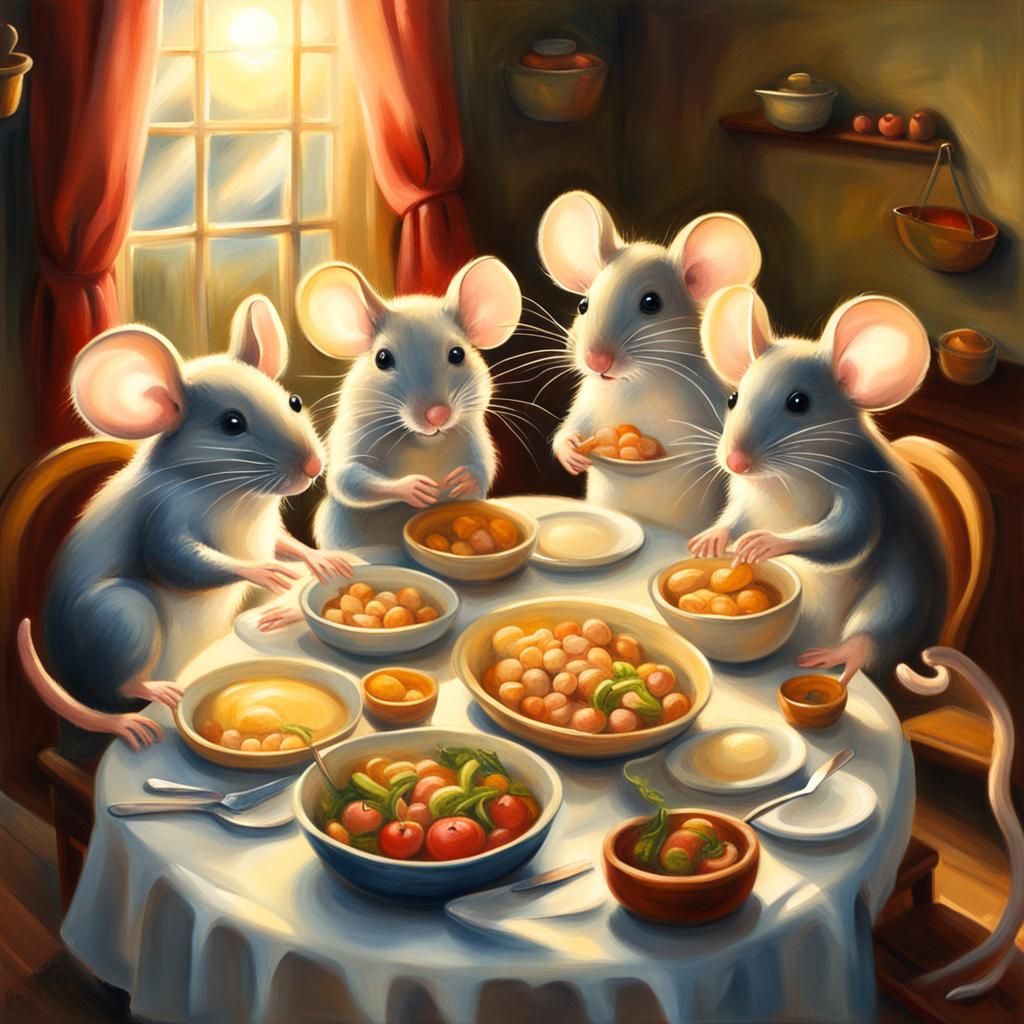 Mouse Family Dinner in Heavenly Light