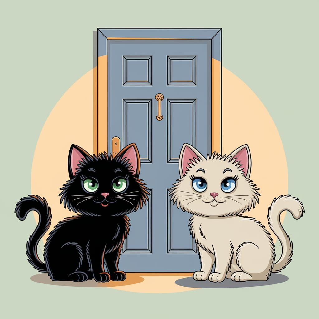 Whimsical Cartoon Cats Surround a Light Blue Door