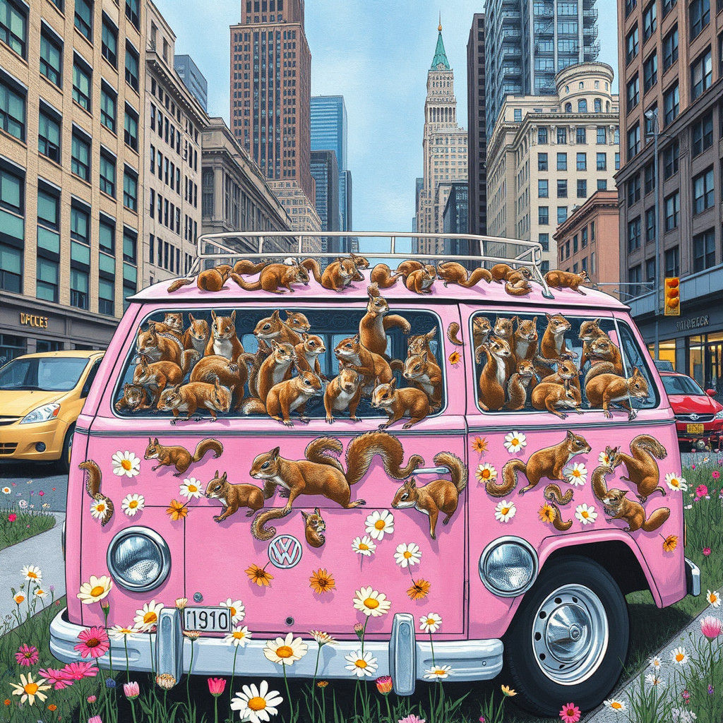 Pink VW Swarmed by Squirrels in Alcohol Ink Style