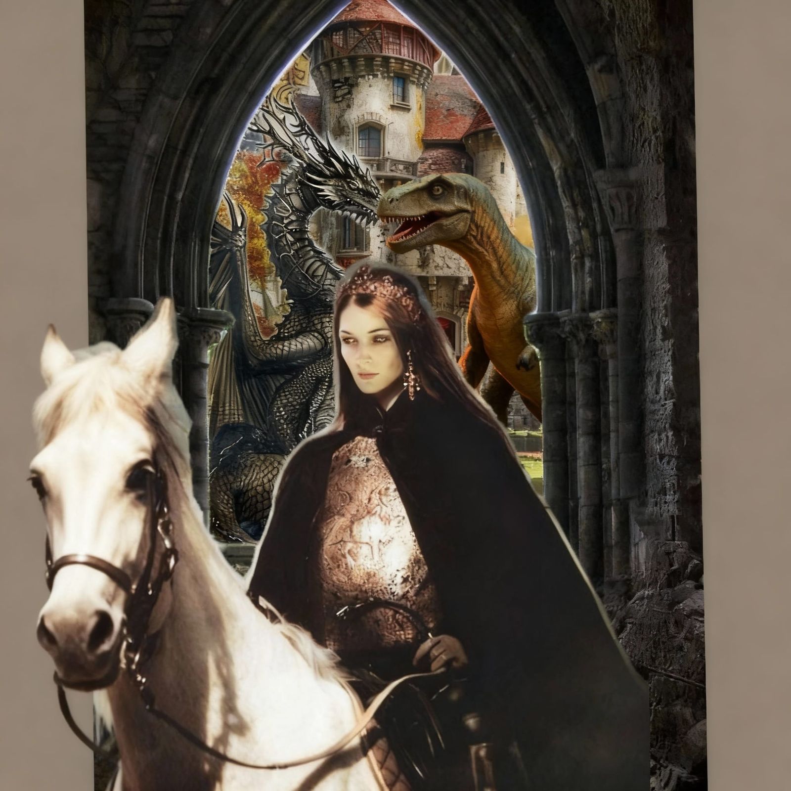 Queen Riding Dinosaur Horse in Castle