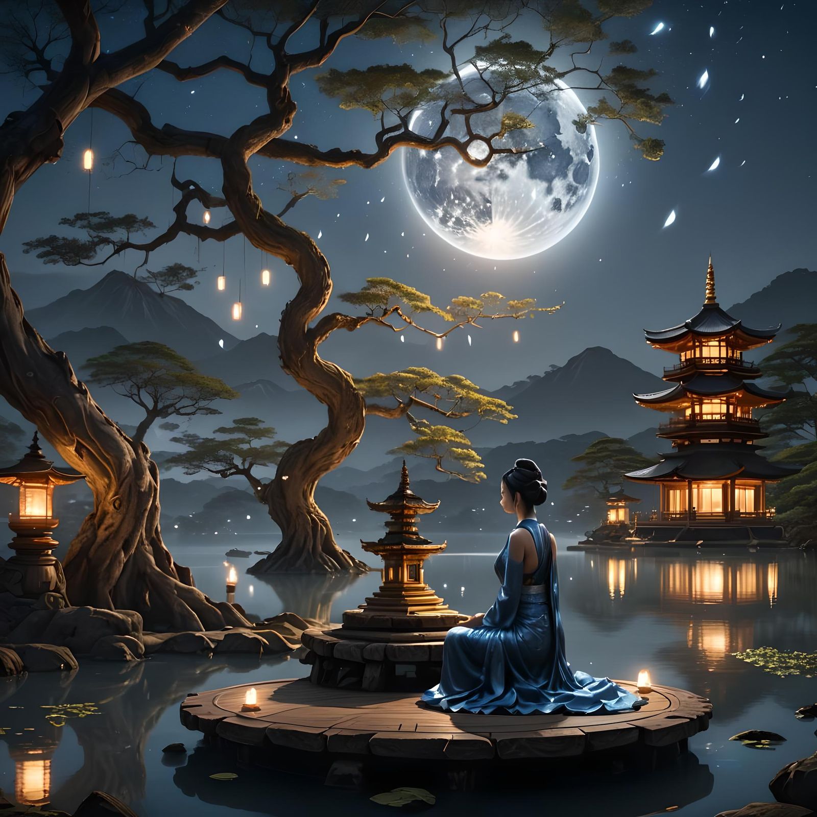 Meditative Silver-Haired Woman by Tranquil Lake