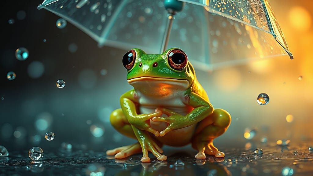 Whimsical Frog Under Iridescent Umbrella in Dreamy, 8K Reali...
