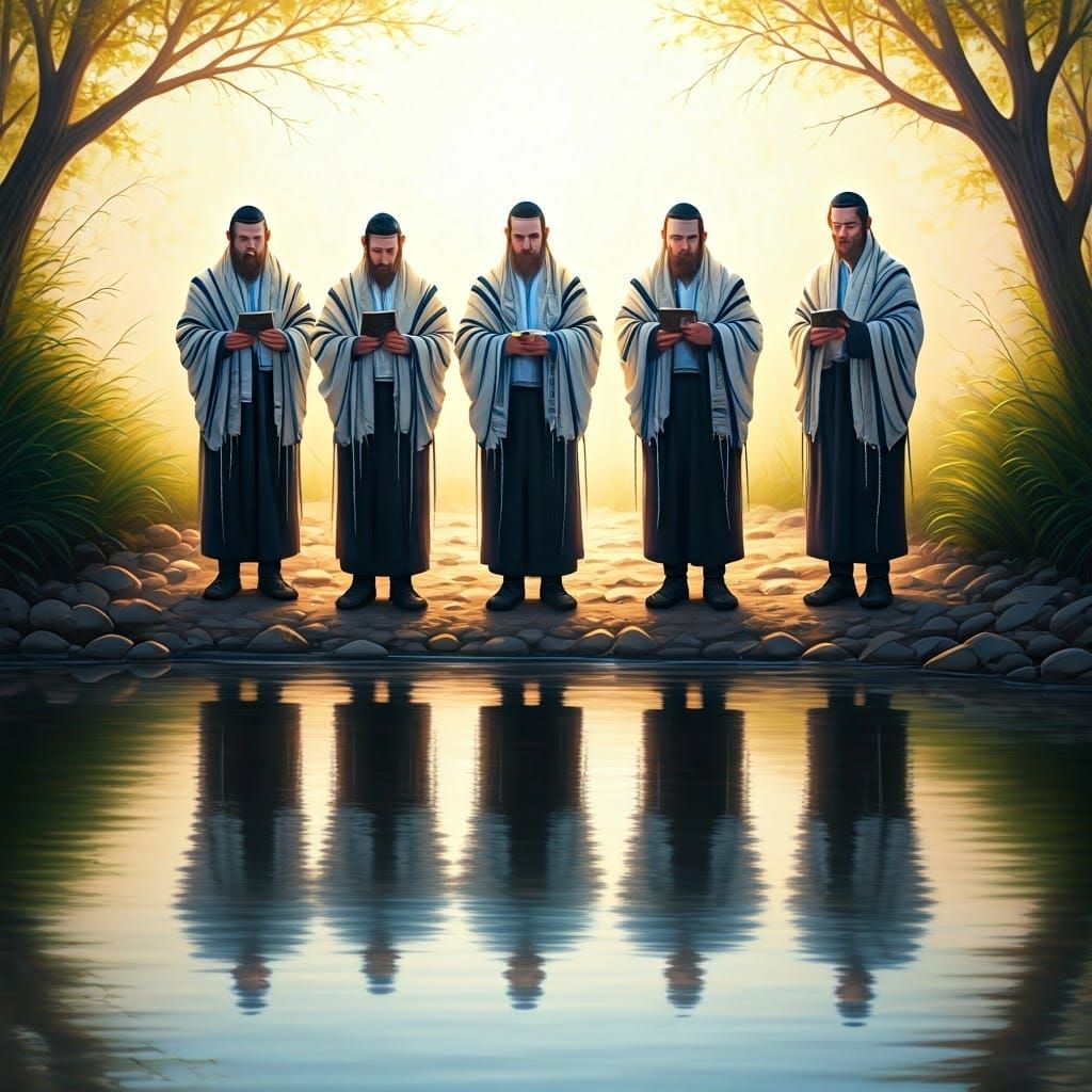 Jewish Men Perform Tashlich Ritual by River