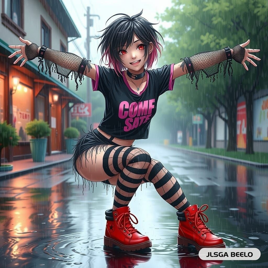 Emo Girl in Spring Rain, Anime-Inspired Watercolor Style