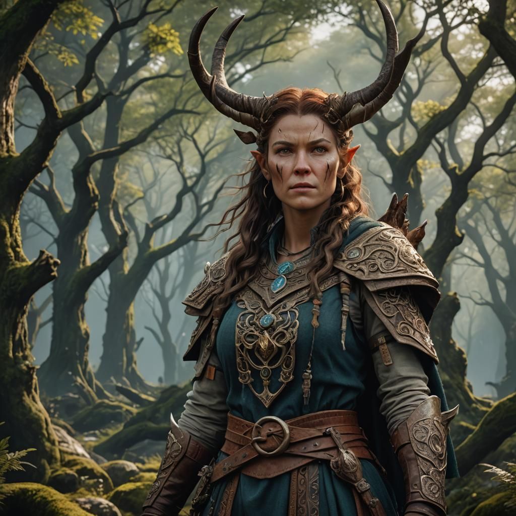 Horned Woman Druid Outlander in Detailed Matte Painting