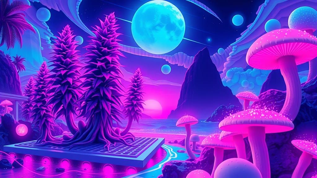 Electric Dreamscape: Vibrant Neon Beachscape with Psychedeli...
