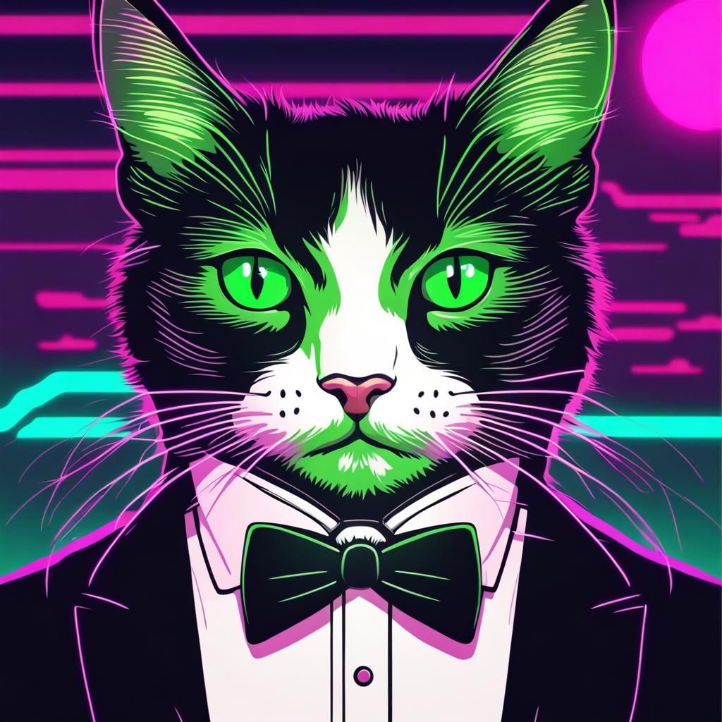 Tuxedo Cat with Green Eyes in Synthwave Style