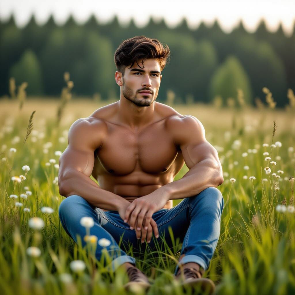 Thoughtful Muscular Man in Wildflower Meadow