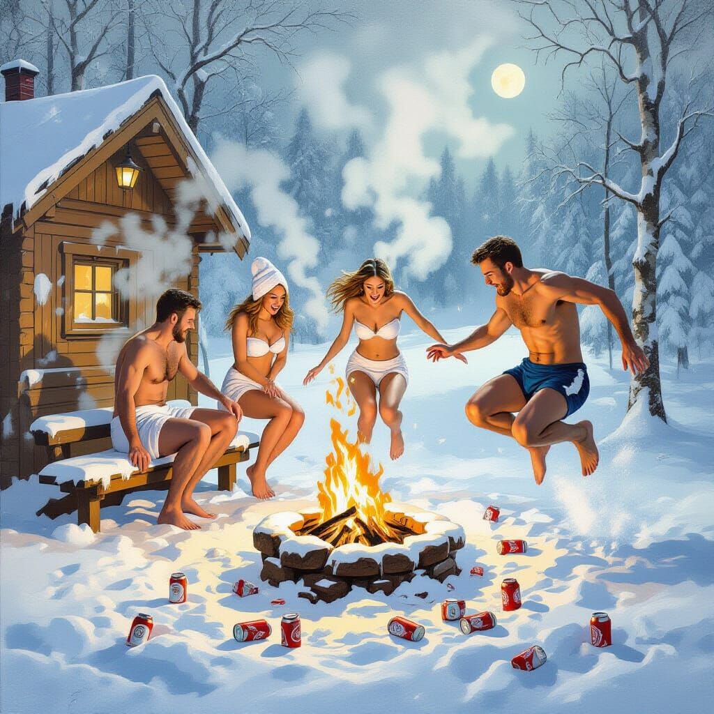 Surreal Winter Sauna Scene in Salvador Dali Style