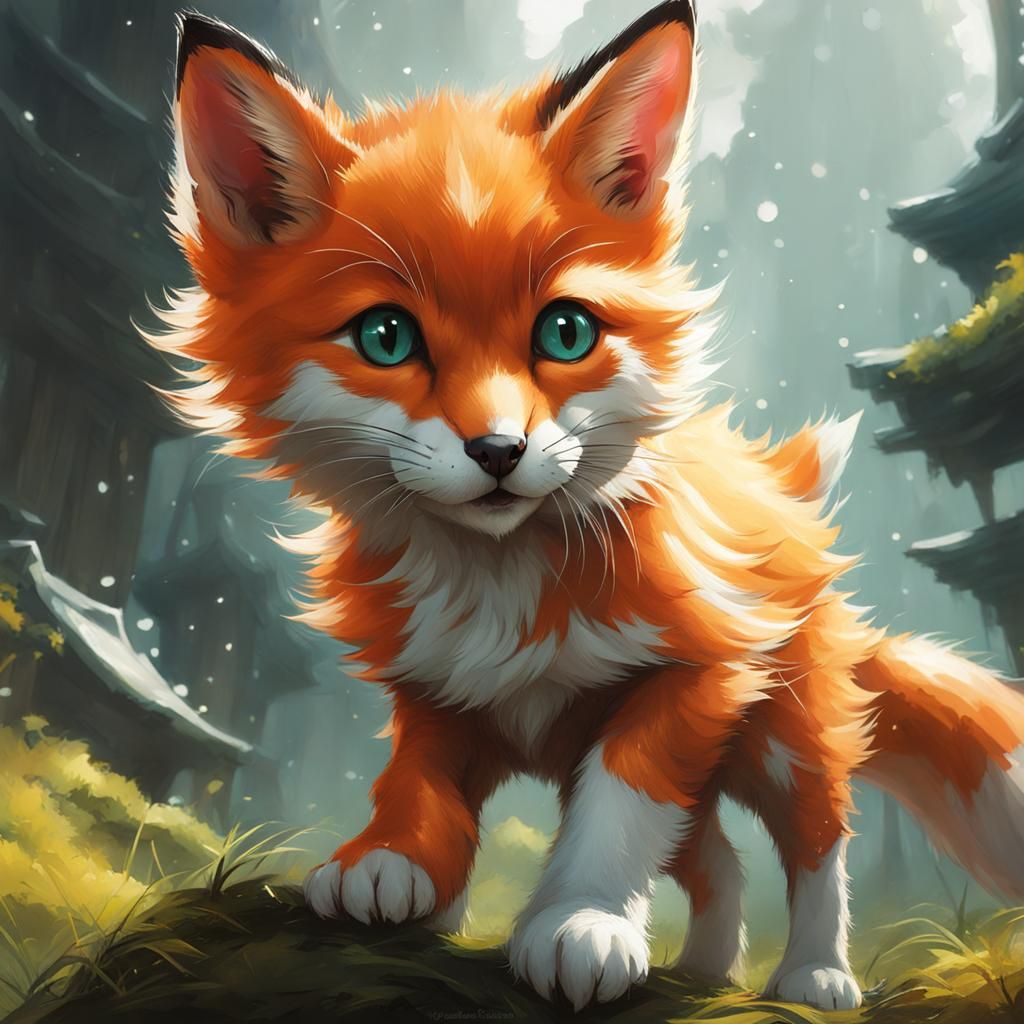 Whimsical Kitten and Fox Playtime, Detailed Studio Photo