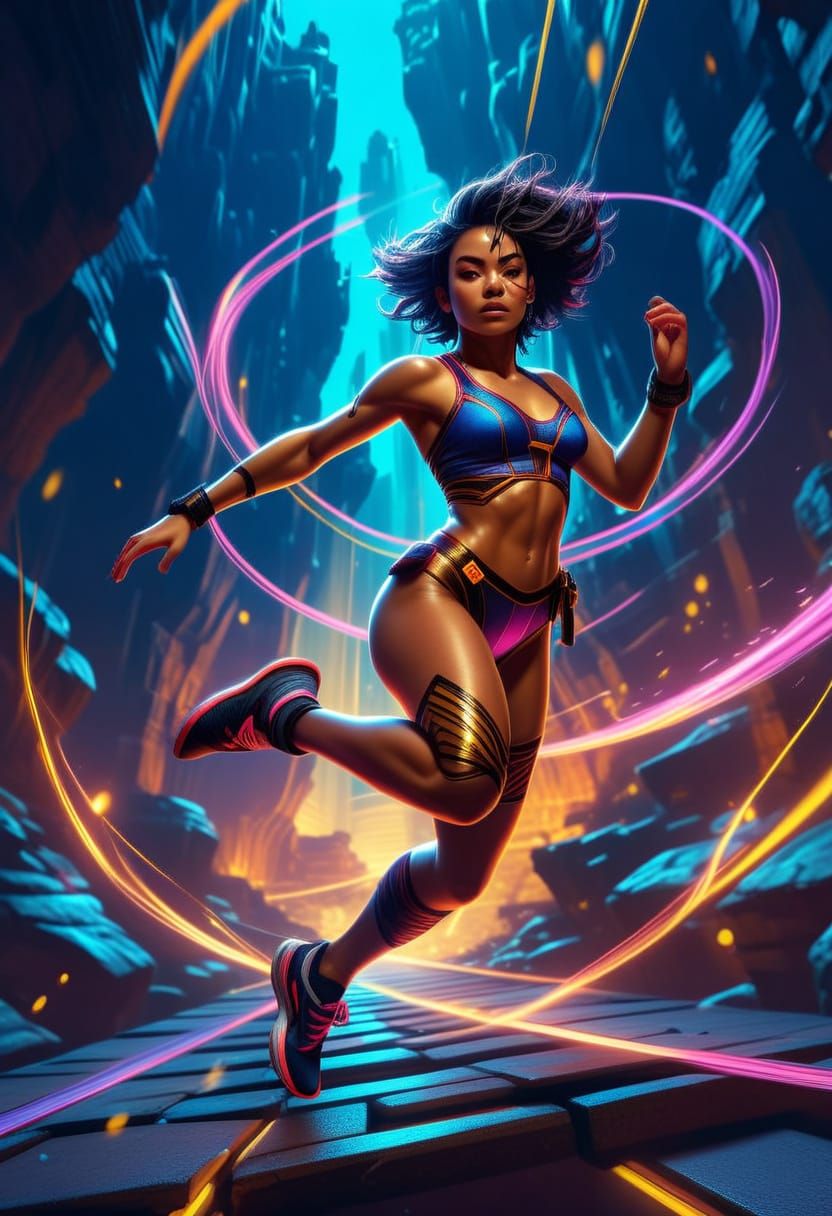 Runner Leaps Chasm in Dynamic Realism Concept Art