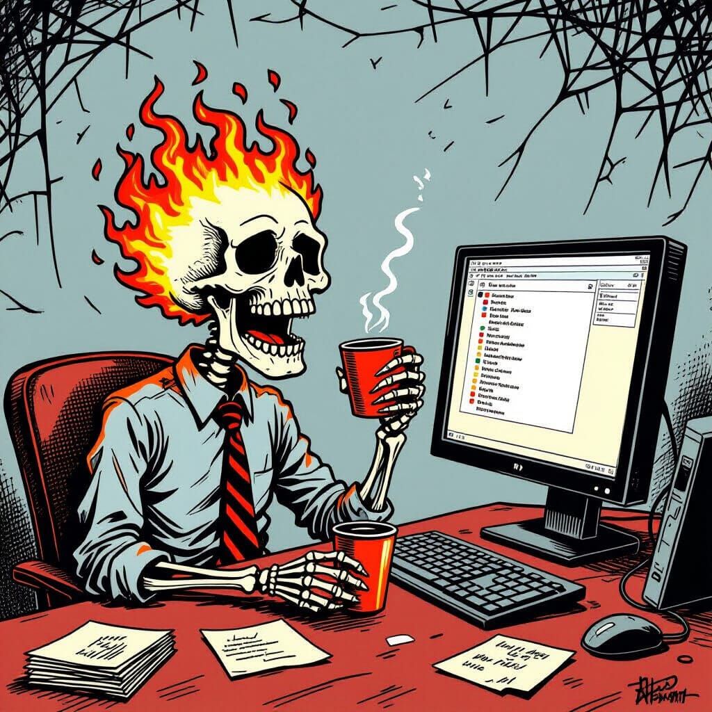 Cartoon Skeleton Laughing at Overflowing Inbox