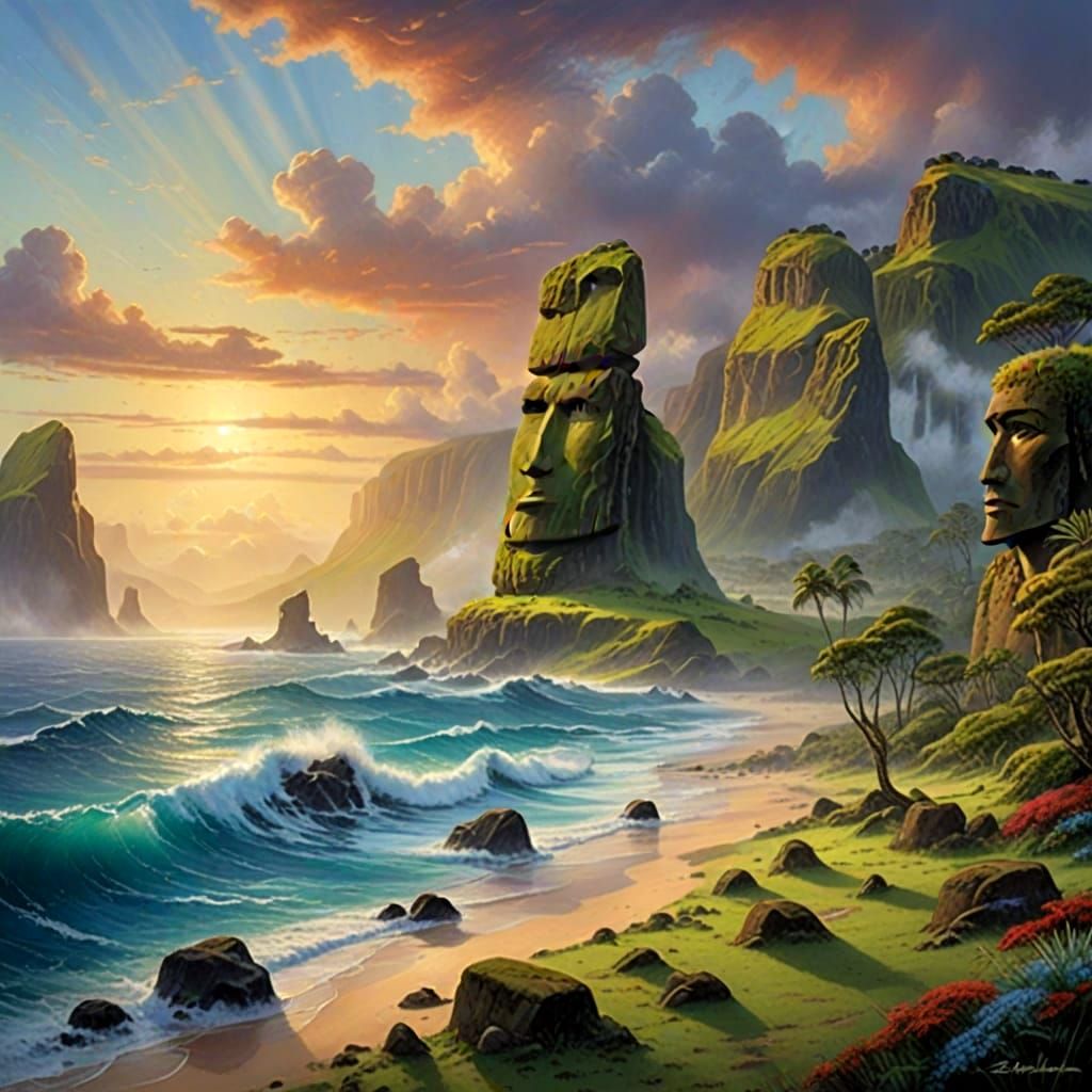 Ethereal Easter Island in Hyperdetailed Fantasy Style