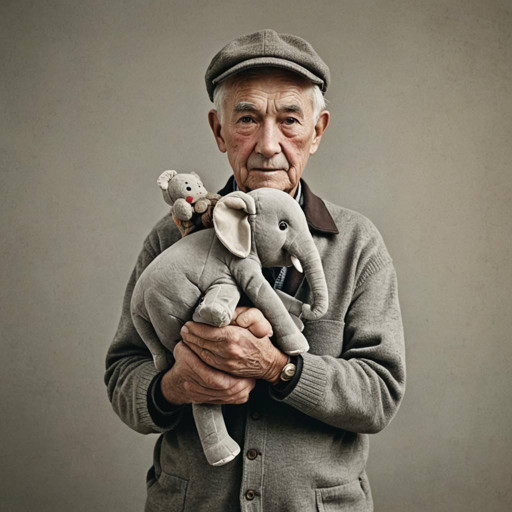 Elderly Man with Childhood Stuffed Elephant