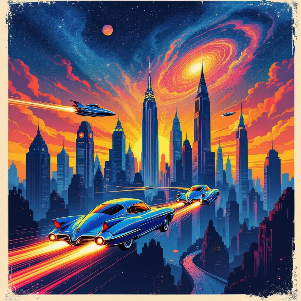Retro-Futuristic Cityscape Travel Poster in 1950s Style