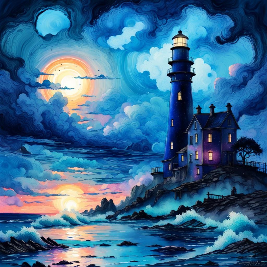 Lighthouse Seascape at Sunset in Watercolour Style