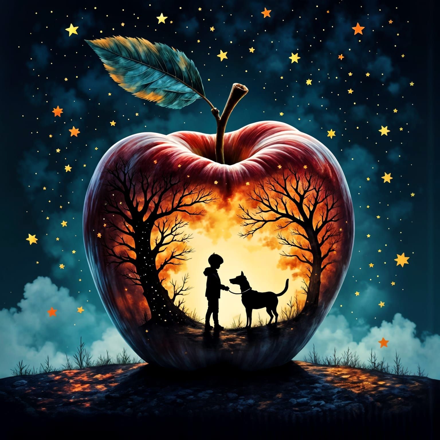 Mystic Double Exposure of Apple and Child Under Apple Tree