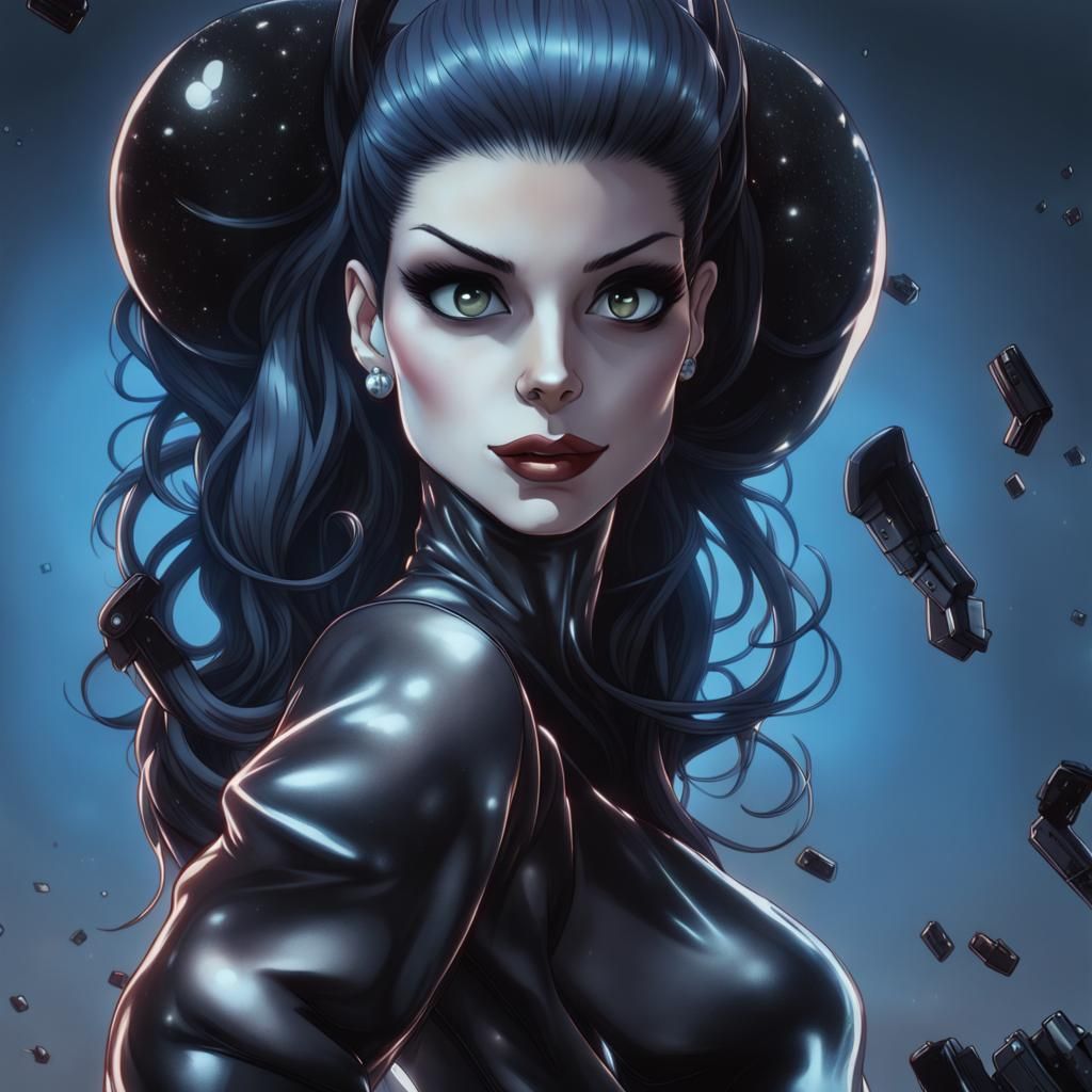 medium full shot, Sandra Bullock dressed in a skinny black transparent latex catsuit, call of joy, pleased, begging, ani...