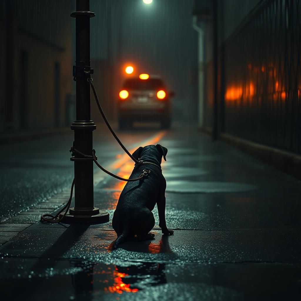 Sad Dog in Rainy Alleyway: Cinematic Photography