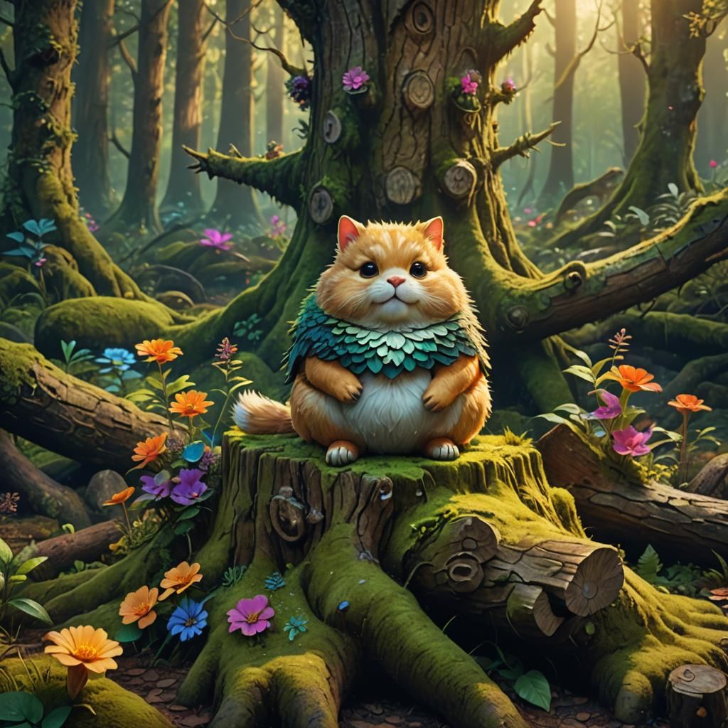 Chubby Creature in Vibrant Fantasy Forest