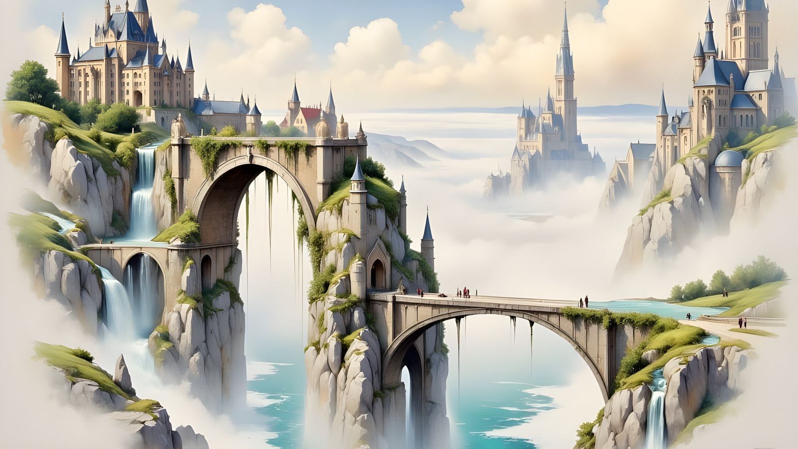 Floating Castle and Villages on Arch Bridge