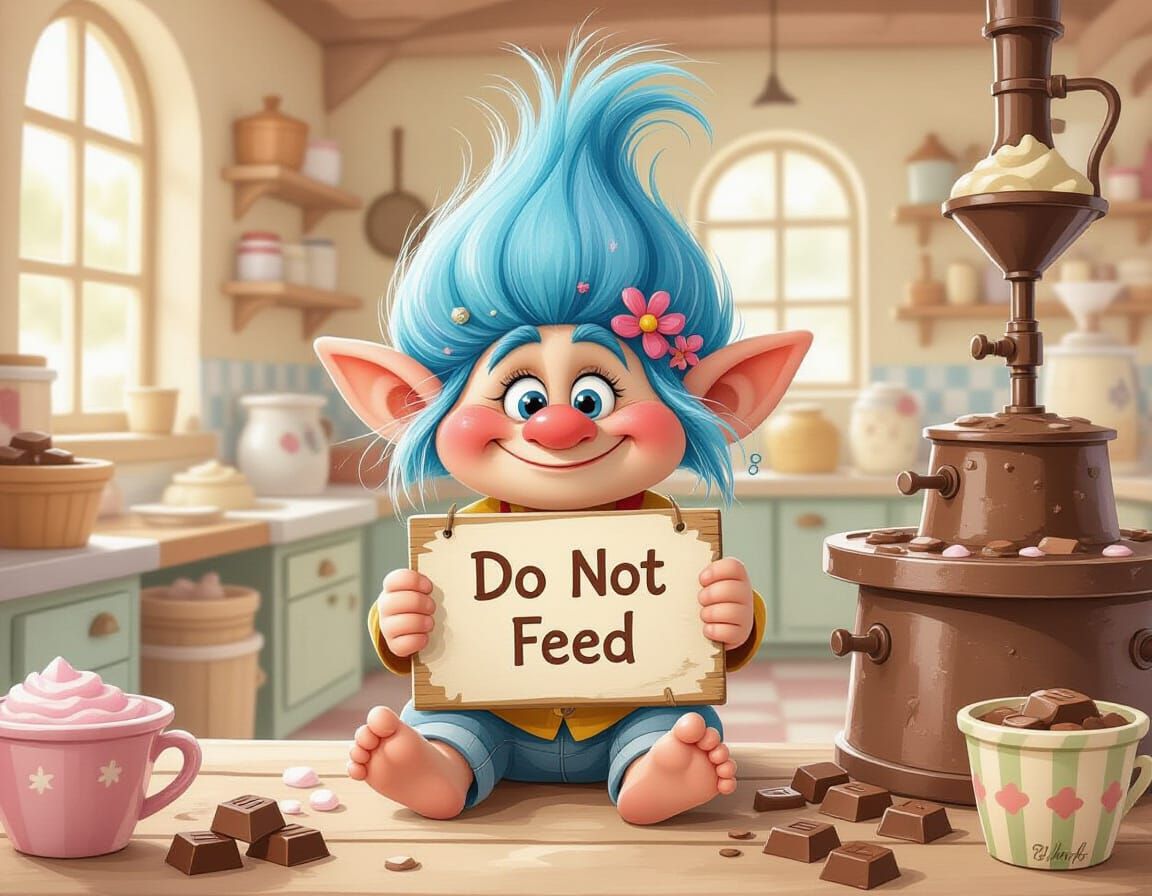 Playful Troll in Chocolate Factory, Watercolor Style