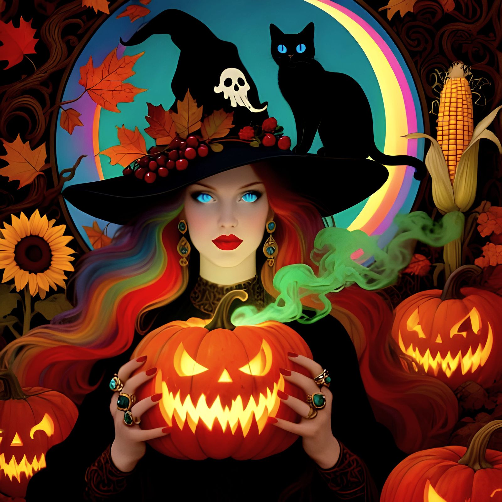 Ethereal Witch with Glowing Pumpkin in Art Nouveau Style