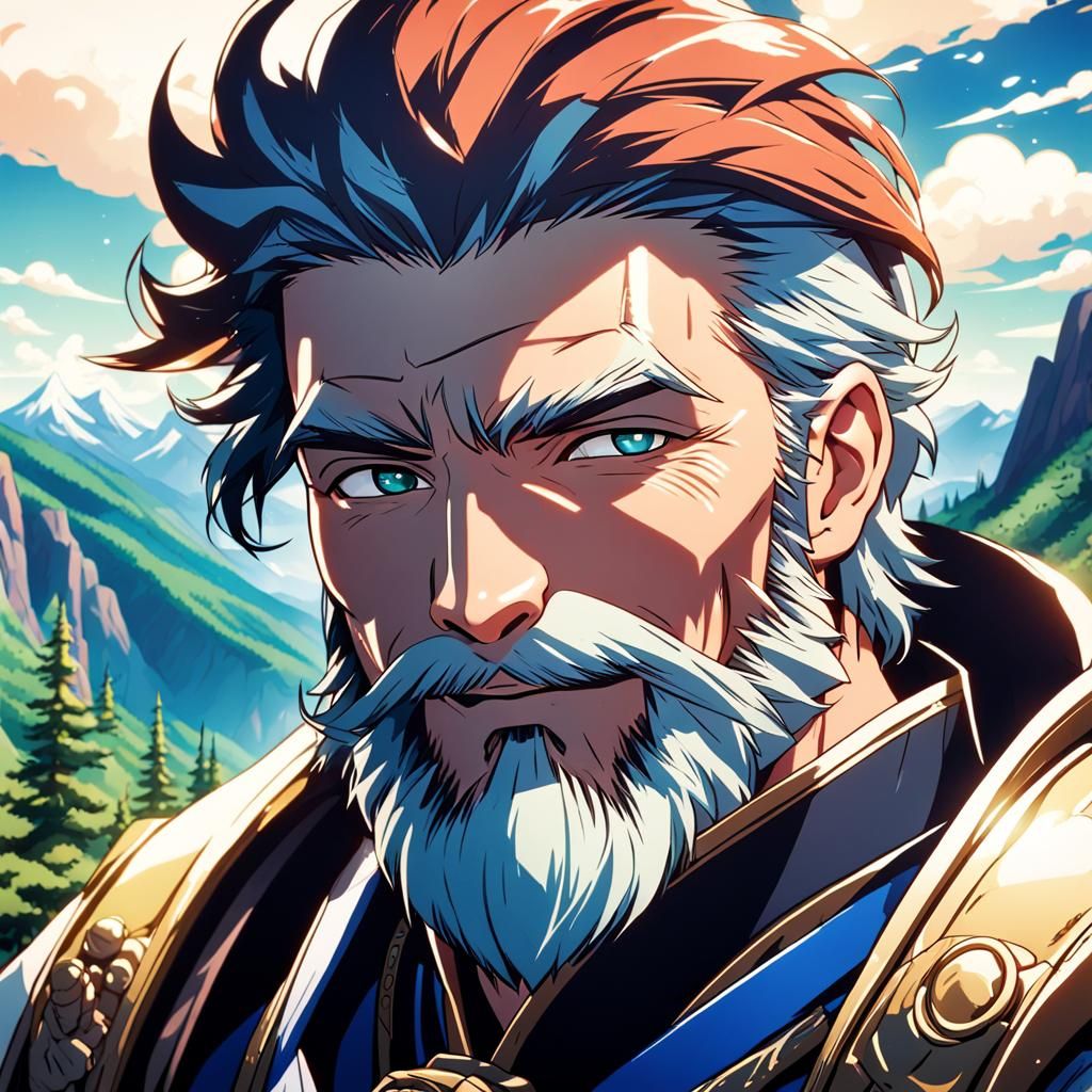 Bearded Man Smiles at Mountain View in Anime Style