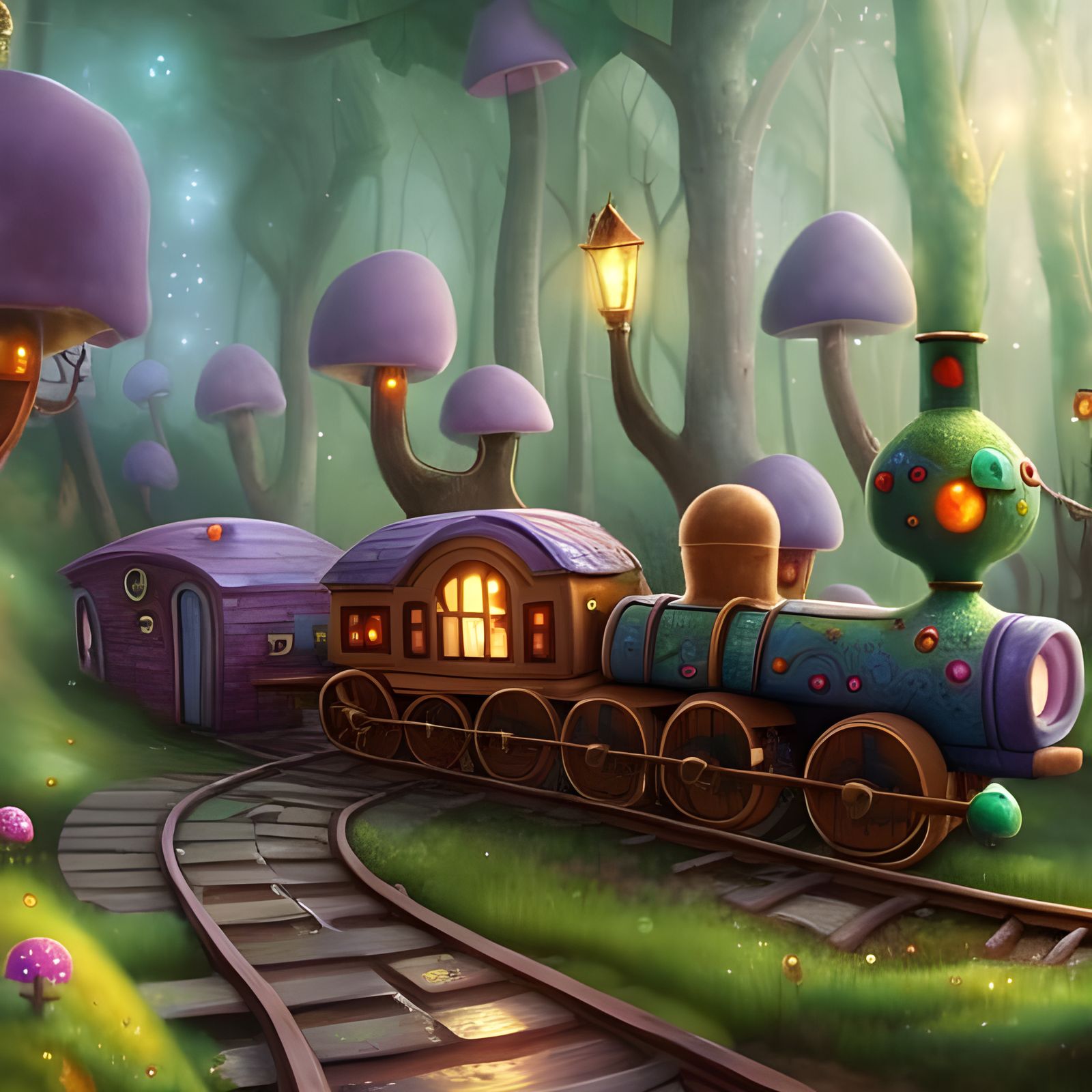 Mushroom Train Through Gnome Village, Art Nouveau