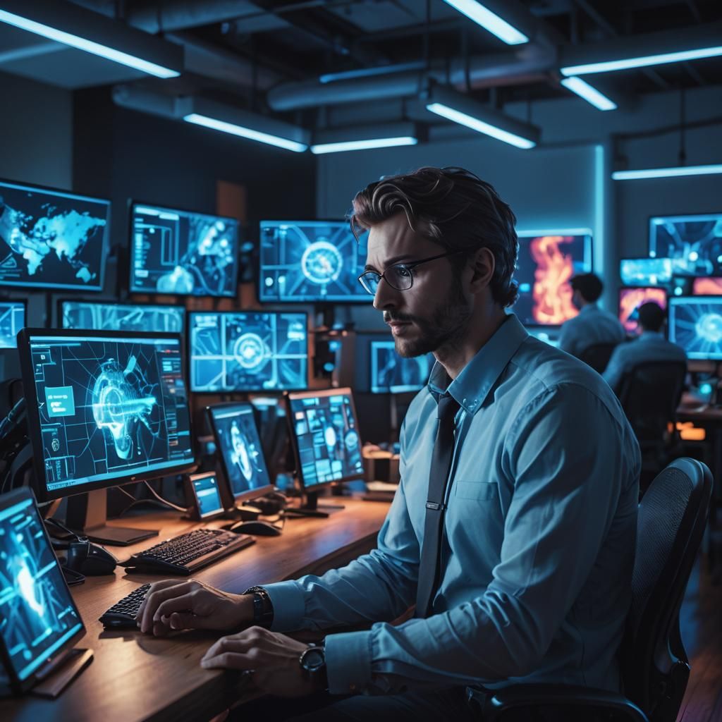 AI Journalist in Futuristic Office: Concept Art