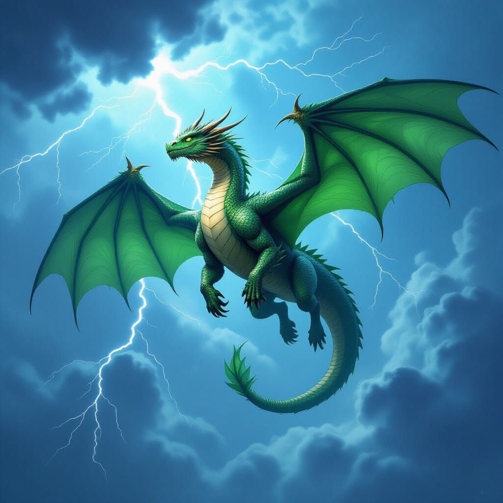 Majestic Emerald Dragon Soars Through Stormy Sky