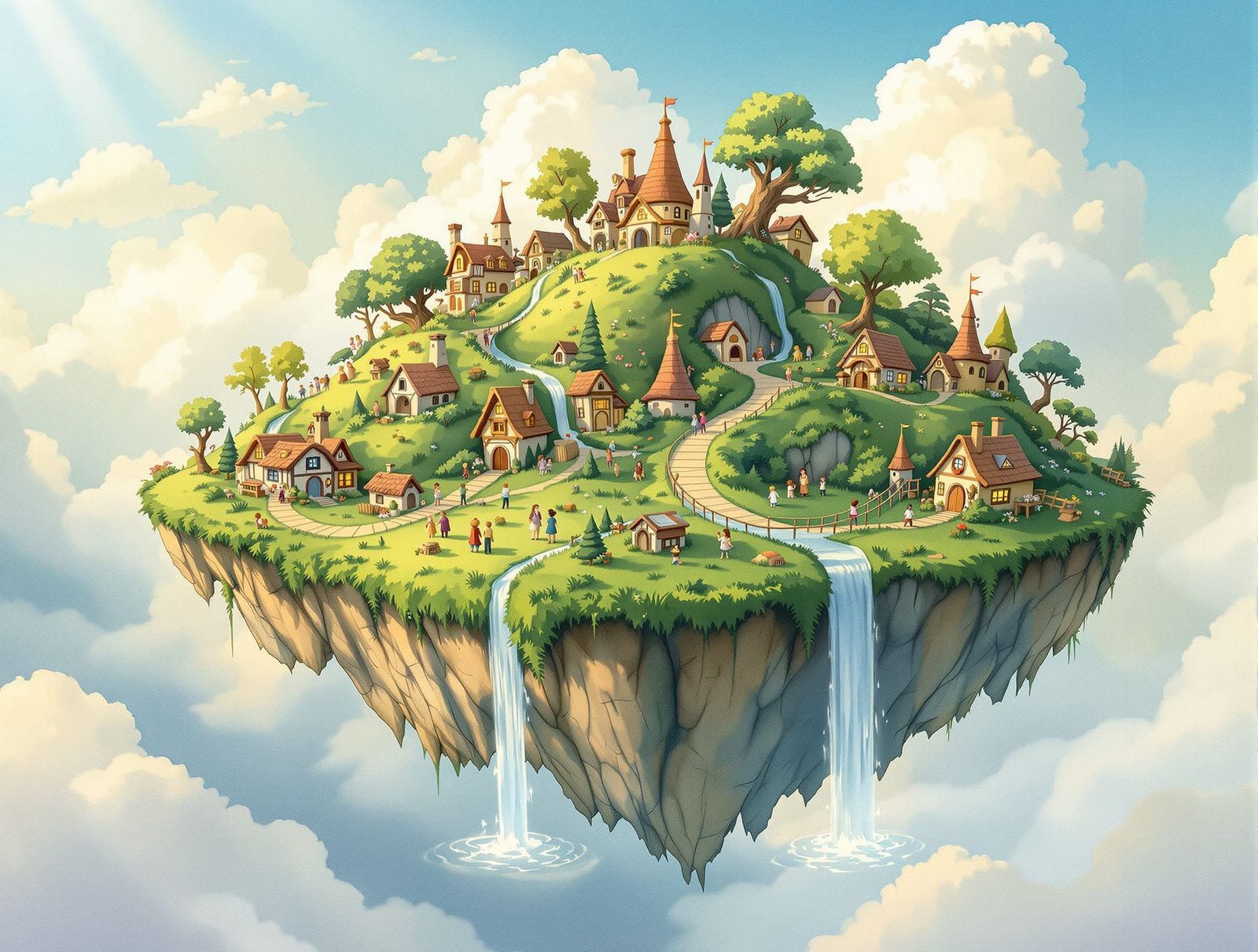 Whimsical Hobbit Village on Floating Island