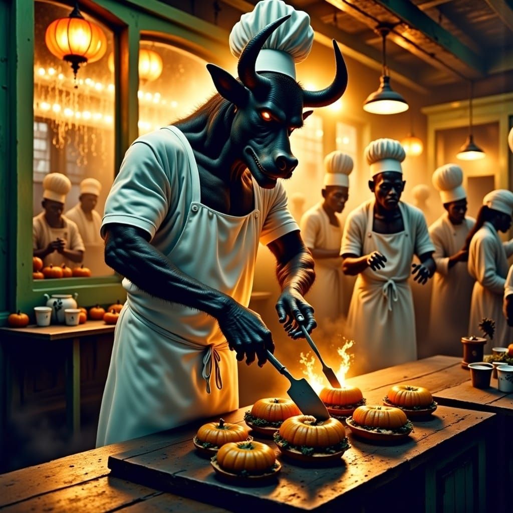 Minotaur Chef at a Diner, Oil Painting Style