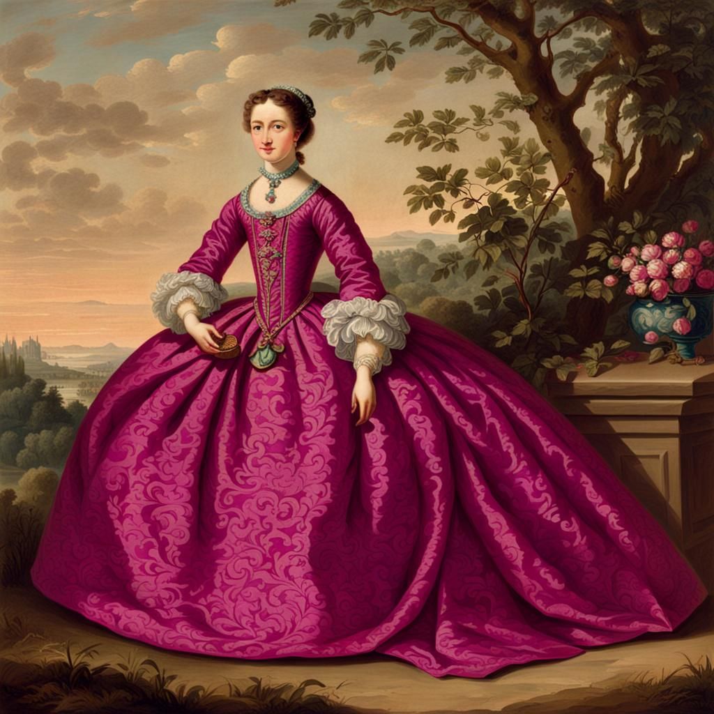 Lady in Magenta Brocade Gown, 1700s Era