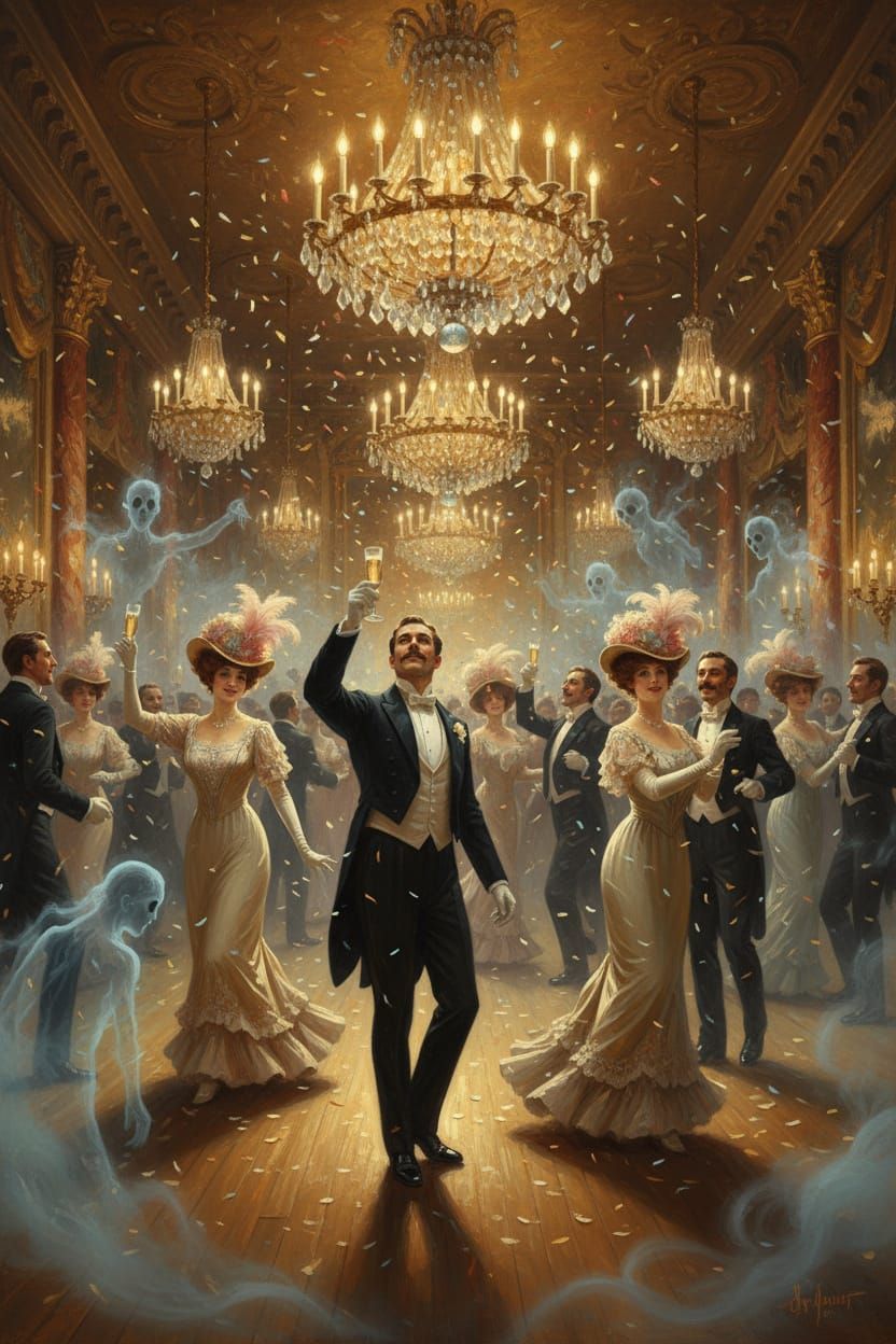 Vintage Ballroom Party with Ethereal Ghosts