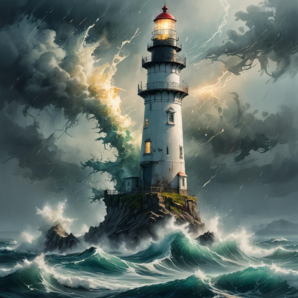 Oceanscape Lighthouse in Oil Painting Style