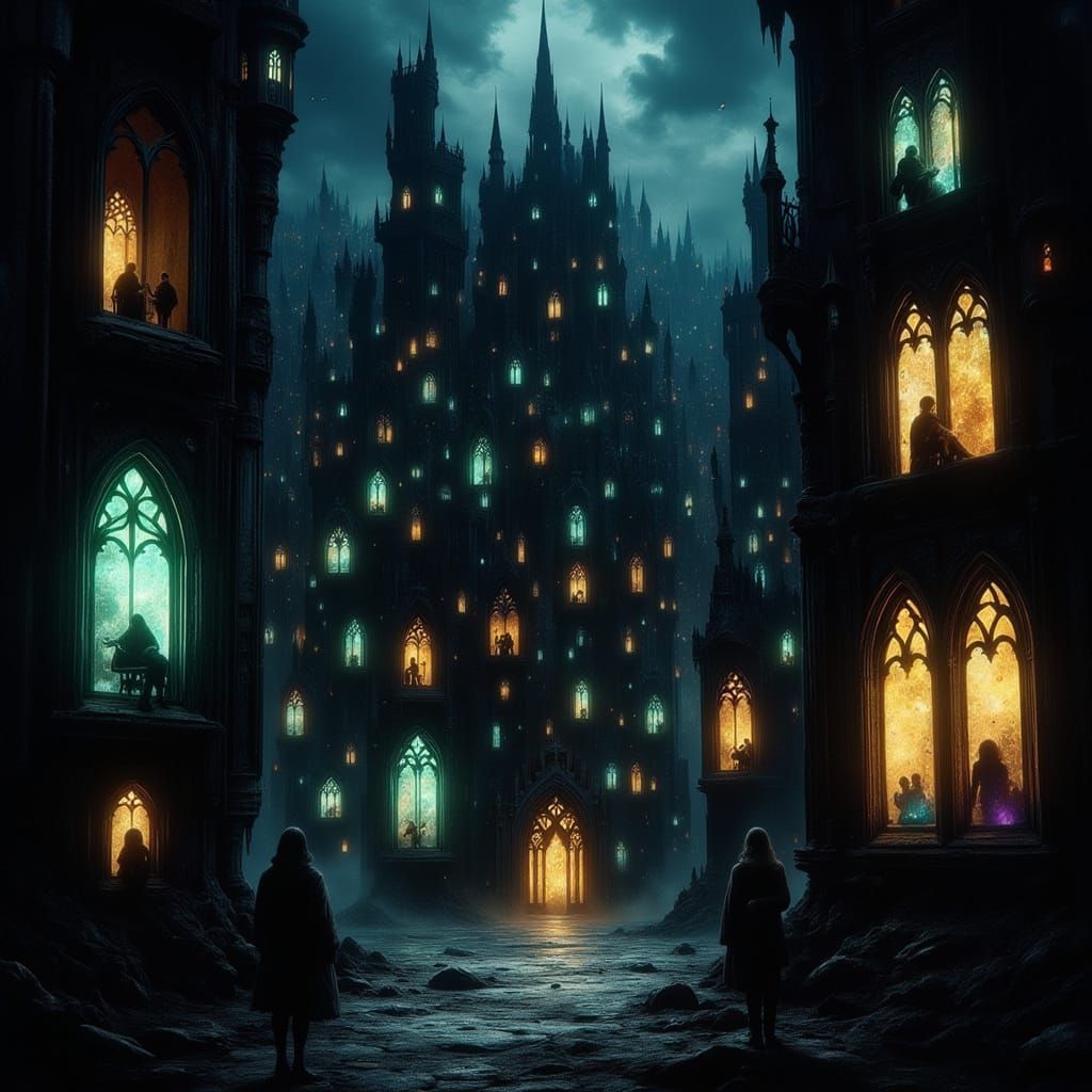 Gothic Cityscape of Intricate Buildings at Night