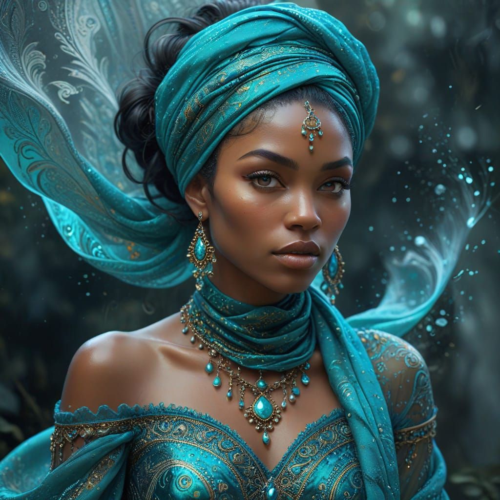 Monochromatic Turquoise Portrait of Woman in Mystical Fog